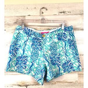 Lilly Pulitzer Womens 12 Blue White Pineapple Print Casual Chino Shorts Designer